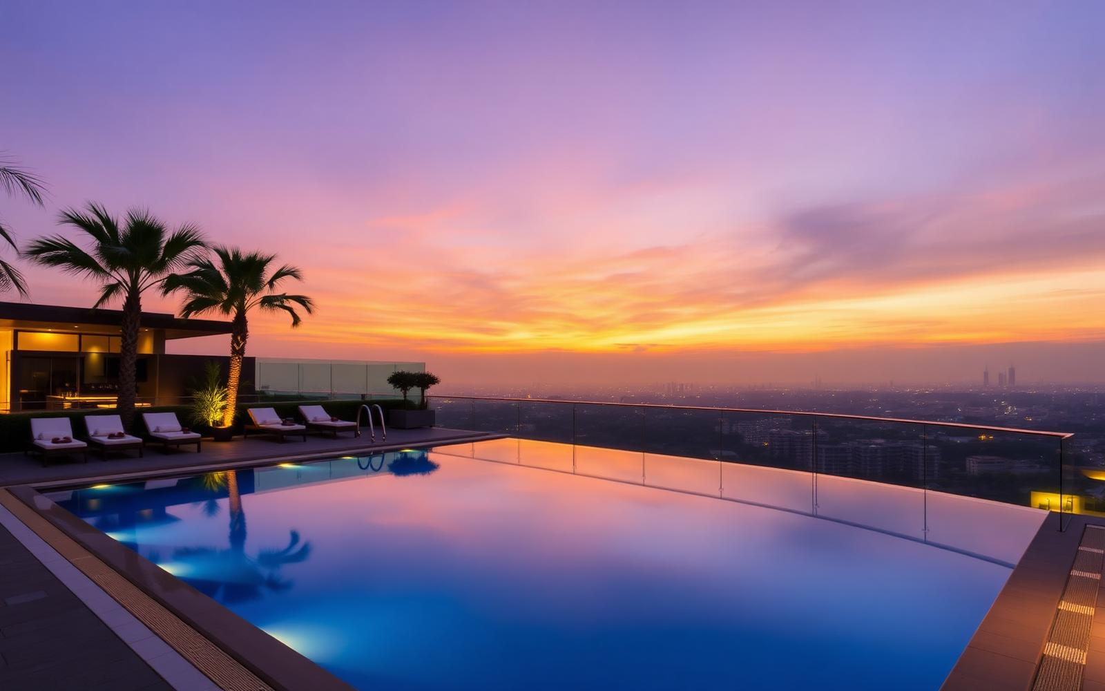 Rooftop infinity pool at dusk overlooking Bengaluru